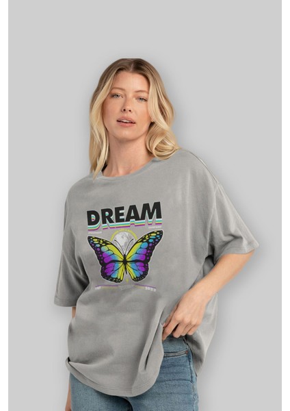 Dream Company Ön Baskılı Gri Oversize T-Shirt Unisex Erkek Kadın Bisiklet Yaka fırsatları