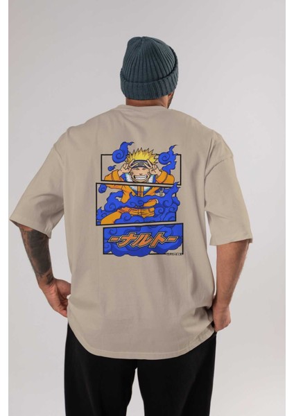 Naruto Uzumaki Anime Arka Baskılı Bej Oversize T-Shirt %100 Pamuk Erkek Kadın
