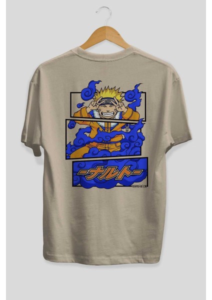 Naruto Uzumaki Anime Arka Baskılı Bej Oversize T-Shirt %100 Pamuk Erkek Kadın fiyatları