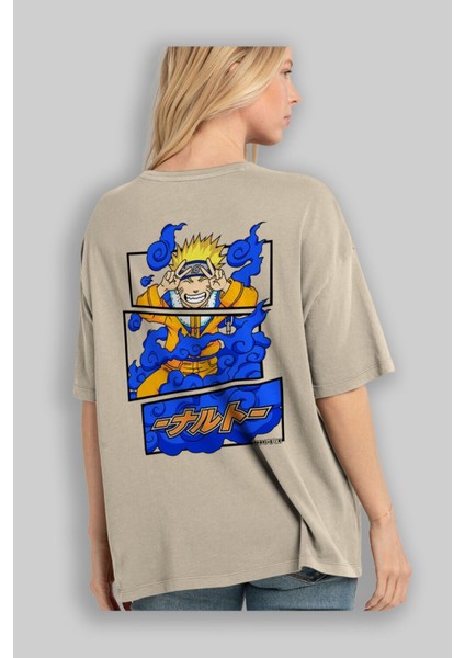 Naruto Uzumaki Anime Arka Baskılı Bej Oversize T-Shirt %100 Pamuk Erkek Kadın modelleri