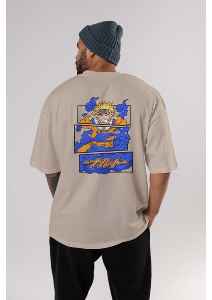 Naruto Uzumaki Anime Arka Baskılı Bej Oversize T-Shirt %100 Pamuk Erkek Kadın fırsatları