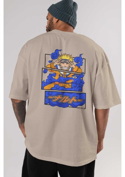 Naruto Uzumaki Anime Arka Baskılı Bej Oversize T-Shirt %100 Pamuk Erkek Kadın indirimleri