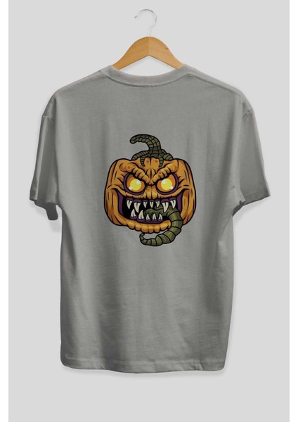 Halloween Arka Baskılı Gri Oversize T-Shirt Unisex Erkek Kadın Bisiklet Yaka fiyatları