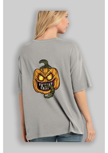 Halloween Arka Baskılı Gri Oversize T-Shirt Unisex Erkek Kadın Bisiklet Yaka modelleri