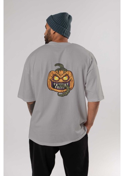 Halloween Arka Baskılı Gri Oversize T-Shirt Unisex Erkek Kadın Bisiklet Yaka fırsatları