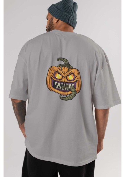 Halloween Arka Baskılı Gri Oversize T-Shirt Unisex Erkek Kadın Bisiklet Yaka indirimleri