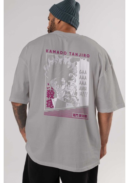 Tanjıro Kamado 3 Anime Arka Baskılı Gri Oversize T-Shirt %100 Pamuk Erkek Kadın indirimleri
