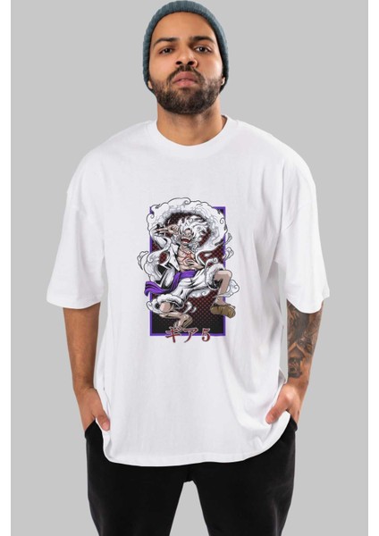 Monkey D. Luffy Gear5 Anime Ön Baskılı Beyaz Oversize T-Shirt Erkek Kadın