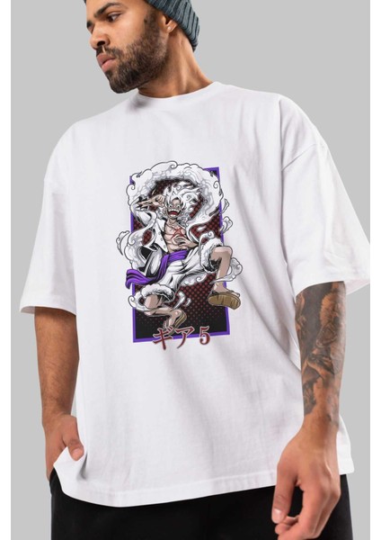 Monkey D. Luffy Gear5 Anime Ön Baskılı Beyaz Oversize T-Shirt Erkek Kadın modelleri