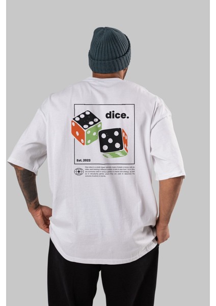 Dice Yazılı Arka Baskılı Beyaz Oversize T-Shirt Erkek Kadın Bisiklet Yaka
