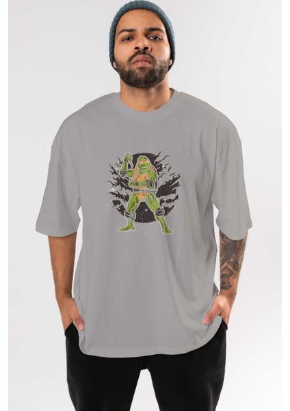 Turtles Ön Baskılı Gri Oversize T-Shirt Unisex Erkek Kadın Bisiklet Yaka
