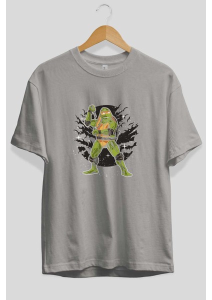 Turtles Ön Baskılı Gri Oversize T-Shirt Unisex Erkek Kadın Bisiklet Yaka fiyatları