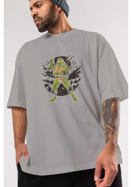 Turtles Ön Baskılı Gri Oversize T-Shirt Unisex Erkek Kadın Bisiklet Yaka modelleri