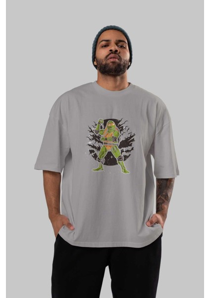 Turtles Ön Baskılı Gri Oversize T-Shirt Unisex Erkek Kadın Bisiklet Yaka indirimleri