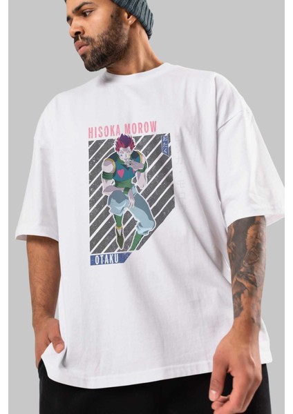 Hisoka Morow 2 2 Anime Ön Baskılı Beyaz Oversize T-Shirt Erkek Kadın modelleri