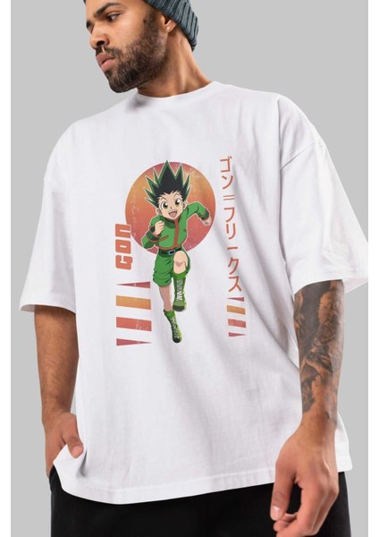 Gon Freecss Hunter x Hunter 2 Anime Ön Baskılı Beyaz Oversize T-Shirt Erkek Kadın modelleri