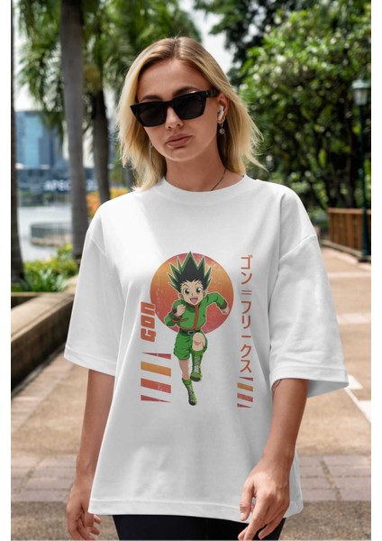Gon Freecss Hunter x Hunter 2 Anime Ön Baskılı Beyaz Oversize T-Shirt Erkek Kadın indirimleri