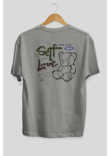 Self Love Bear Arka Baskılı Gri Oversize T-Shirt Unisex Erkek Kadın Bisiklet Yaka fiyatları