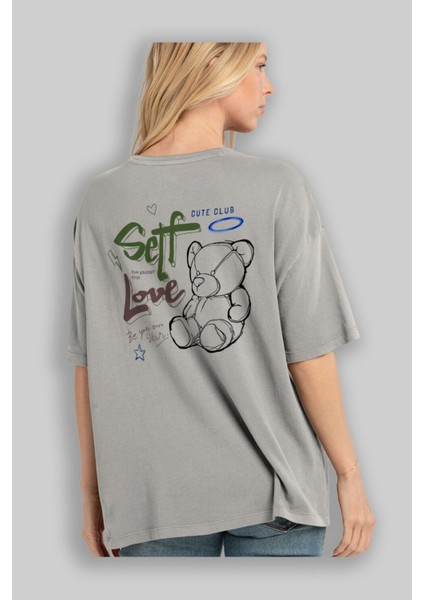 Self Love Bear Arka Baskılı Gri Oversize T-Shirt Unisex Erkek Kadın Bisiklet Yaka modelleri