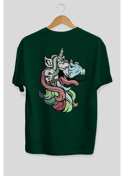 Crazy Unicorn Arka Baskılı Zümrüt Yeşili Oversize T-Shirt Unisex Erkek Kadın Bisiklet Yaka fiyatları