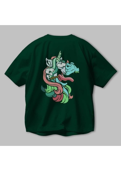 Crazy Unicorn Arka Baskılı Zümrüt Yeşili Oversize T-Shirt Unisex Erkek Kadın Bisiklet Yaka modelleri