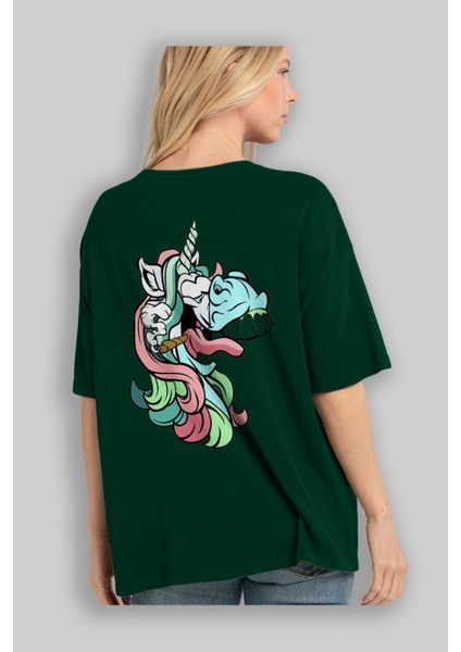 Crazy Unicorn Arka Baskılı Zümrüt Yeşili Oversize T-Shirt Unisex Erkek Kadın Bisiklet Yaka fırsatları