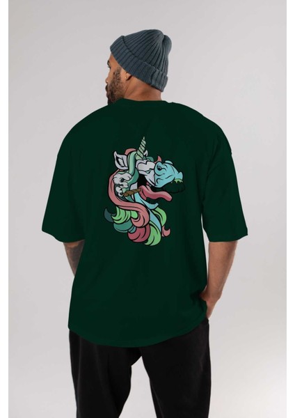 Crazy Unicorn Arka Baskılı Zümrüt Yeşili Oversize T-Shirt Unisex Erkek Kadın Bisiklet Yaka indirimleri