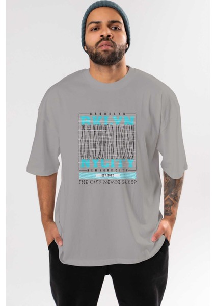 Brooklyn New York City Ön Baskılı Gri Oversize T-Shirt Unisex Erkek Kadın Bisiklet Yaka