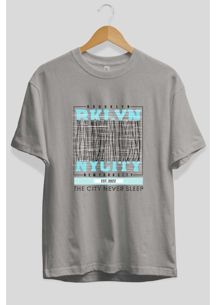 Brooklyn New York City Ön Baskılı Gri Oversize T-Shirt Unisex Erkek Kadın Bisiklet Yaka fiyatları