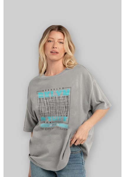 Brooklyn New York City Ön Baskılı Gri Oversize T-Shirt Unisex Erkek Kadın Bisiklet Yaka fırsatları