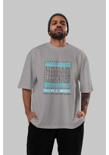 Brooklyn New York City Ön Baskılı Gri Oversize T-Shirt Unisex Erkek Kadın Bisiklet Yaka indirimleri