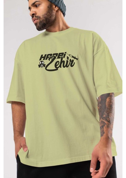 Harbi Zehir Ön Baskılı Bej Oversize T-Shirt Erkek Kadın Bisiklet Yaka