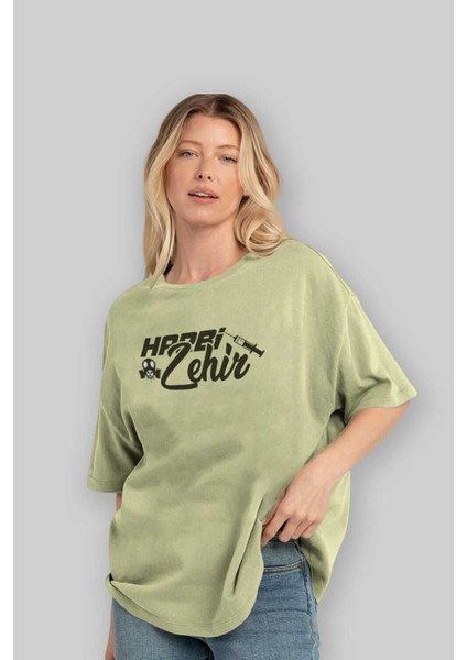 Harbi Zehir Ön Baskılı Bej Oversize T-Shirt Erkek Kadın Bisiklet Yaka