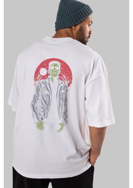 Frank Arka Baskılı Beyaz Oversize T-Shirt Erkek Kadın Bisiklet Yaka