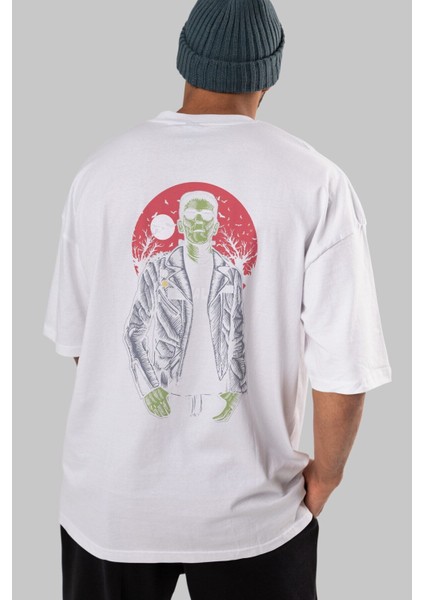 Frank Arka Baskılı Beyaz Oversize T-Shirt Erkek Kadın Bisiklet Yaka fırsatları