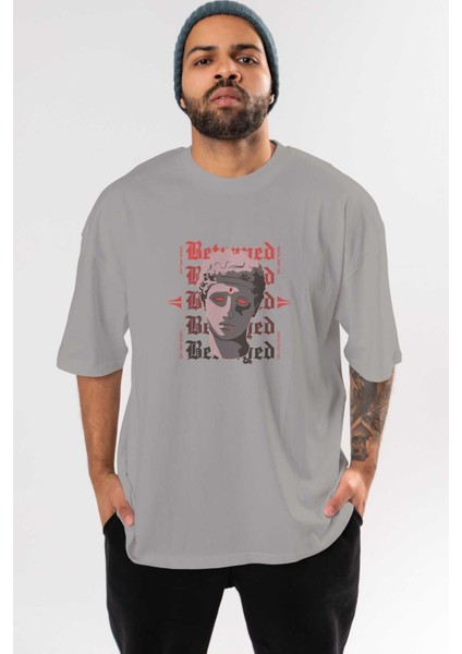 Betrayed Ön Baskılı Gri Oversize T-Shirt Unisex Erkek Kadın Bisiklet Yaka