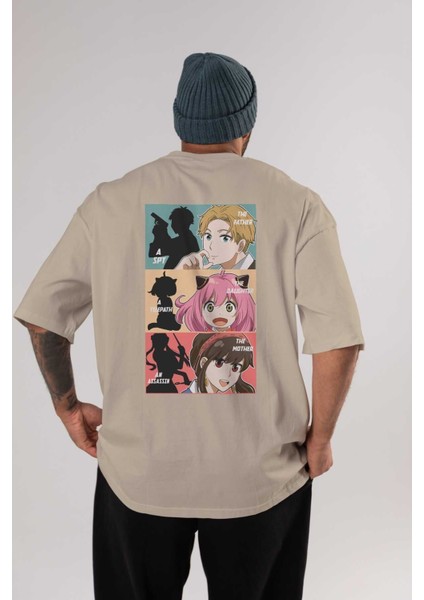 Spy x Famıly Anime Arka Baskılı Bej Oversize T-Shirt %100 Pamuk Erkek Kadın