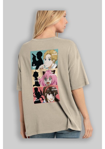 Spy x Famıly Anime Arka Baskılı Bej Oversize T-Shirt %100 Pamuk Erkek Kadın modelleri