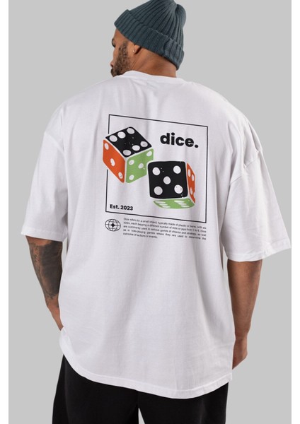 Dice Yazılı Arka Baskılı Beyaz Oversize T-Shirt Erkek Kadın Bisiklet Yaka indirimleri