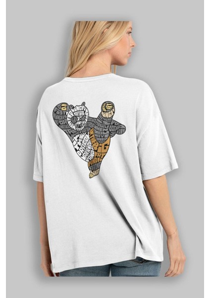 Warrior Panda Arka Baskılı Beyaz Oversize T-Shirt Erkek Kadın Bisiklet Yaka
