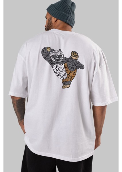 Warrior Panda Arka Baskılı Beyaz Oversize T-Shirt Erkek Kadın Bisiklet Yaka modelleri