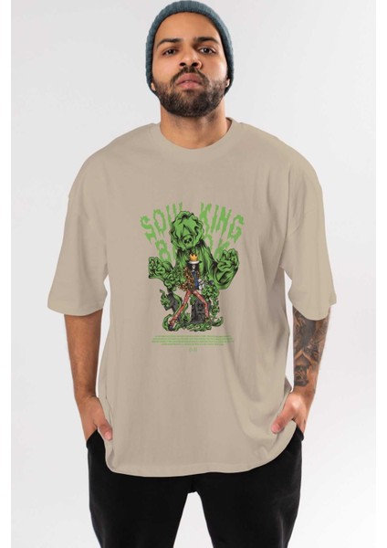 Soul King Brook Anime Ön Baskılı Bej Oversize T-Shirt Erkek Kadın