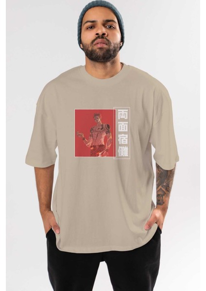 Sukuna Ryoumen 3 Anime Ön Baskılı Bej Oversize T-Shirt Erkek Kadın