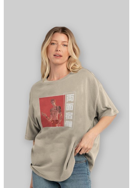 Sukuna Ryoumen 3 Anime Ön Baskılı Bej Oversize T-Shirt Erkek Kadın modelleri
