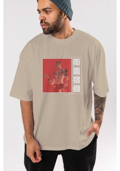 Sukuna Ryoumen 3 Anime Ön Baskılı Bej Oversize T-Shirt Erkek Kadın indirimleri