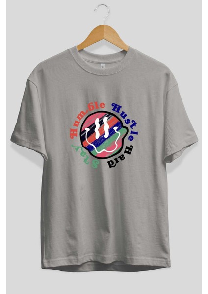 Stay Humble 2 Ön Baskılı Gri Oversize T-Shirt Unisex Erkek Kadın Bisiklet Yaka fiyatları
