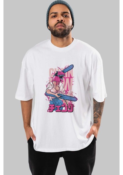 Denjı And Makıma Anime Ön Baskılı Beyaz Oversize T-Shirt Erkek Kadın