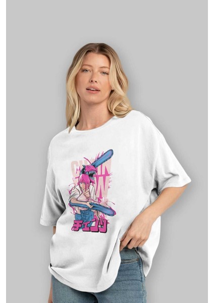 Denjı And Makıma Anime Ön Baskılı Beyaz Oversize T-Shirt Erkek Kadın fırsatları