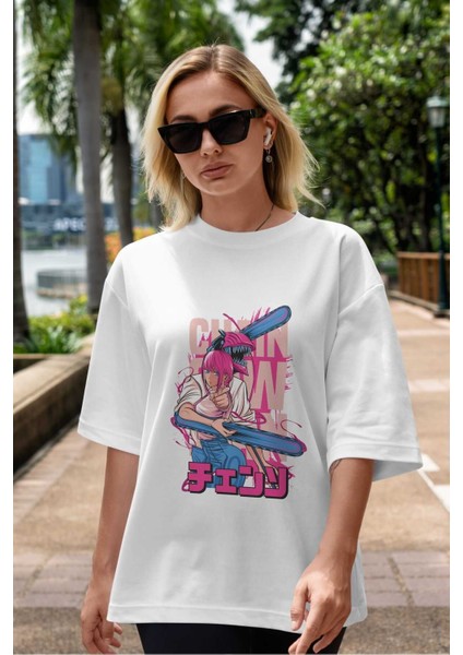 Denjı And Makıma Anime Ön Baskılı Beyaz Oversize T-Shirt Erkek Kadın indirimleri