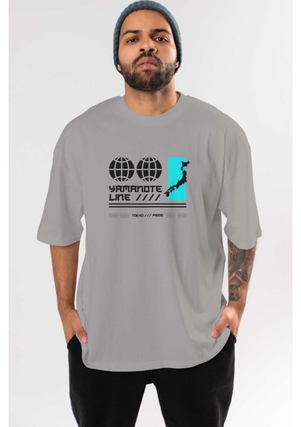 Yamanote Line Ön Baskılı Gri Oversize T-Shirt Unisex Erkek Kadın Bisiklet Yaka